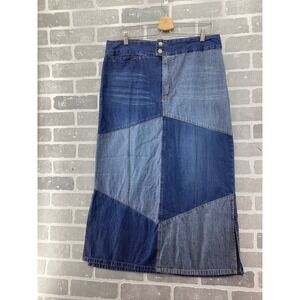 Vintage Moments Patchwork Denim Maxi Skirt Blue Cotton Boho Long Slit 14W
